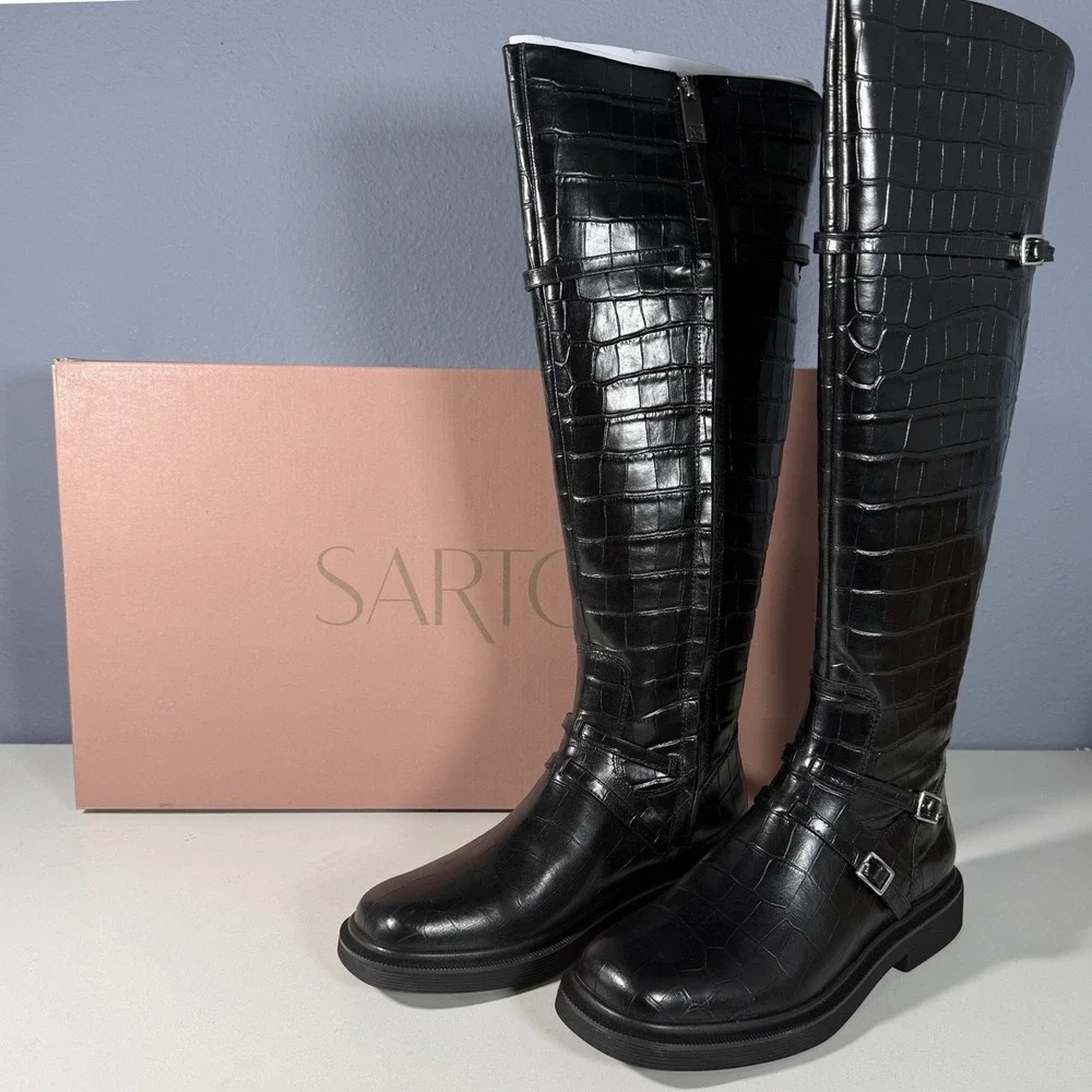 SARTO by Franco Sarto Ainsley Black Croc Embossed Leather Knee High Boots Size 7
