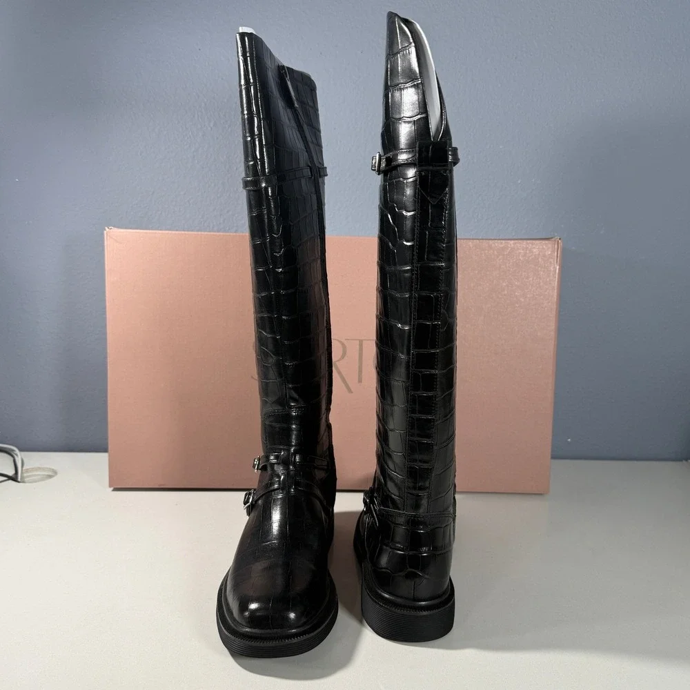 SARTO by Franco Sarto Ainsley Black Croc Embossed Leather Knee High Boots Size 7
