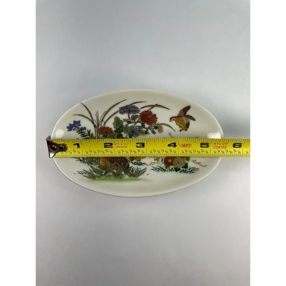 Vintage pedestal pheasants Flowers trinket soap dish porcelain crackle glaze
