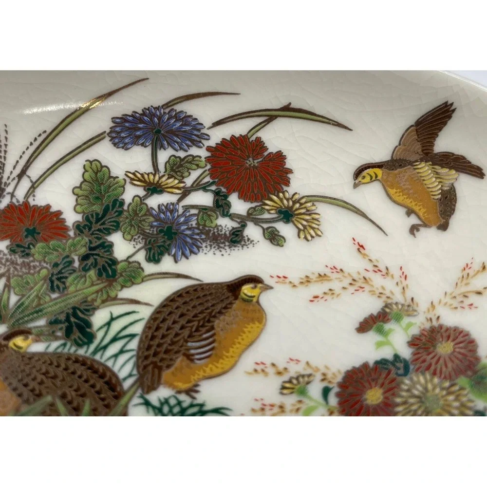 Vintage pedestal pheasants Flowers trinket soap dish porcelain crackle glaze