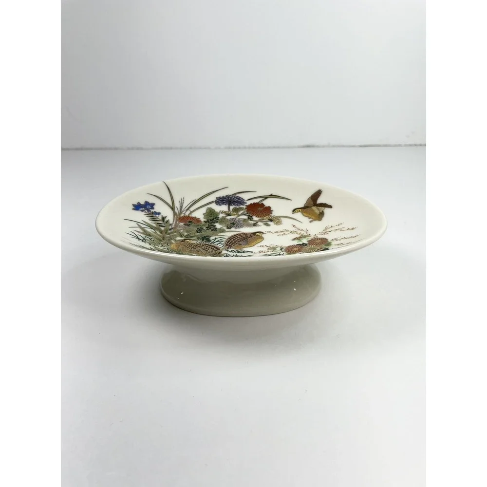 Vintage pedestal pheasants Flowers trinket soap dish porcelain crackle glaze