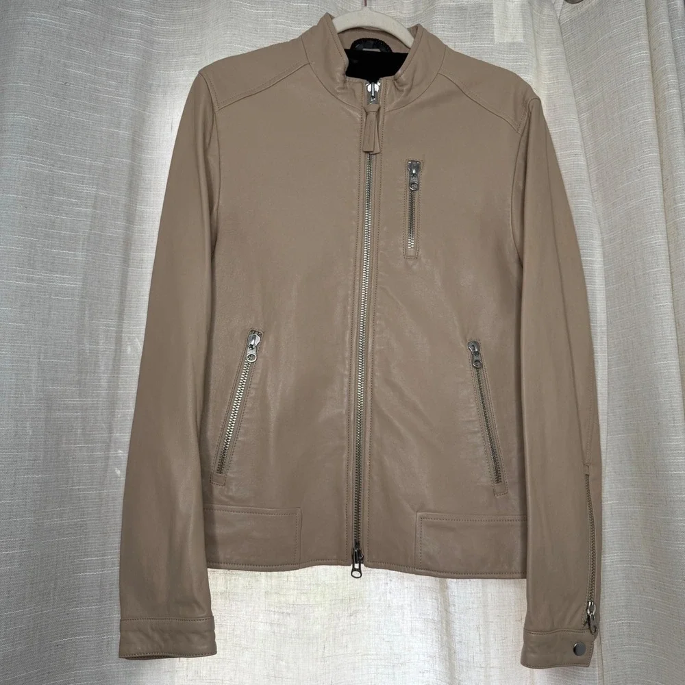 Mackage Biker Jacket Lambskin Leather Tan Beige Moto Zippers Men's‎ Size 38