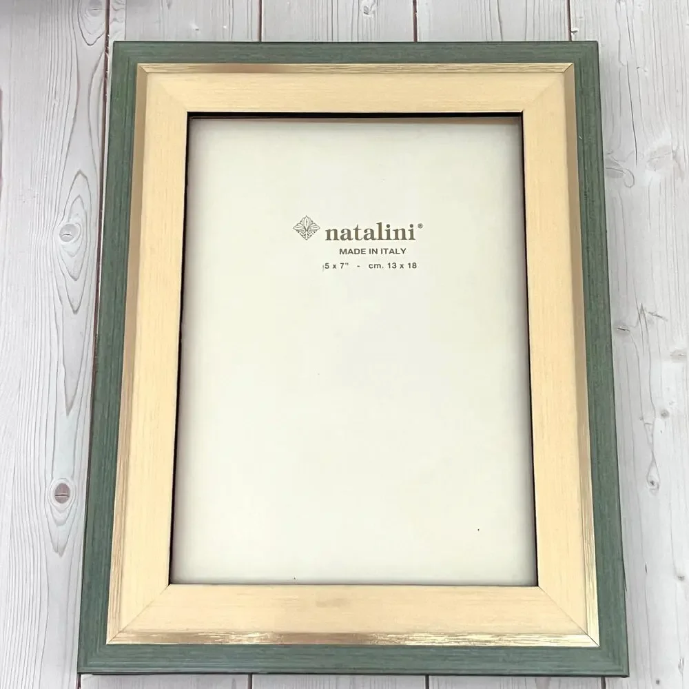 Natalini Italian Picture Frame Natural & Gray Green Wood Tones Gold Accents 5x7