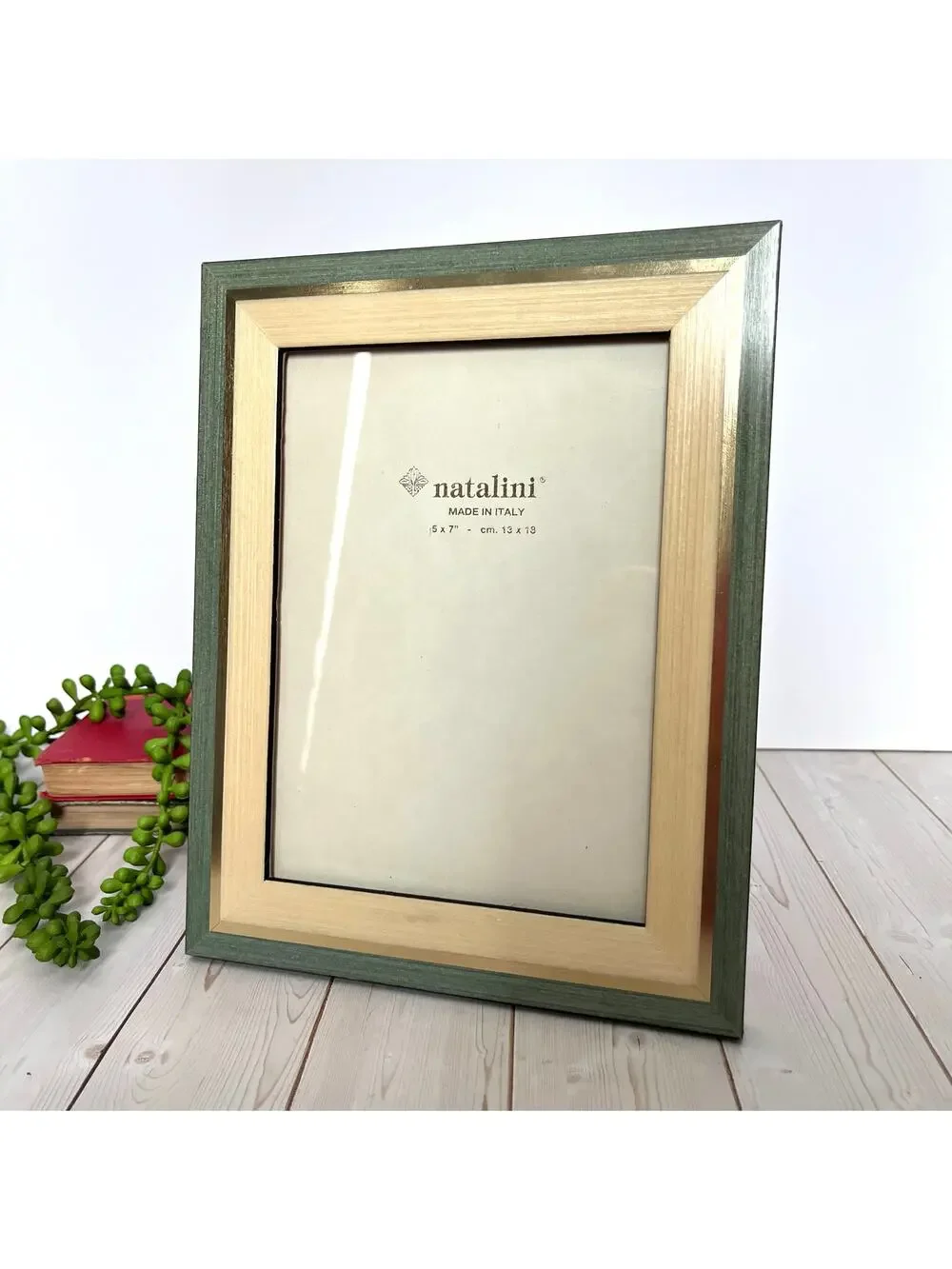 Natalini Italian Picture Frame Natural & Gray Green Wood Tones Gold Accents 5x7