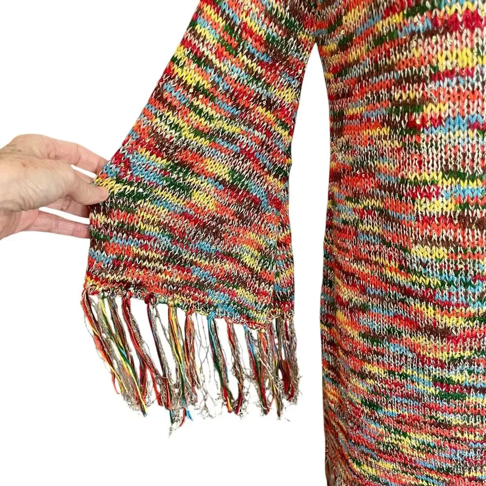 Easel Multicolor Variegated Longline Cardigan Sequins Fringe M/L Boho Festival