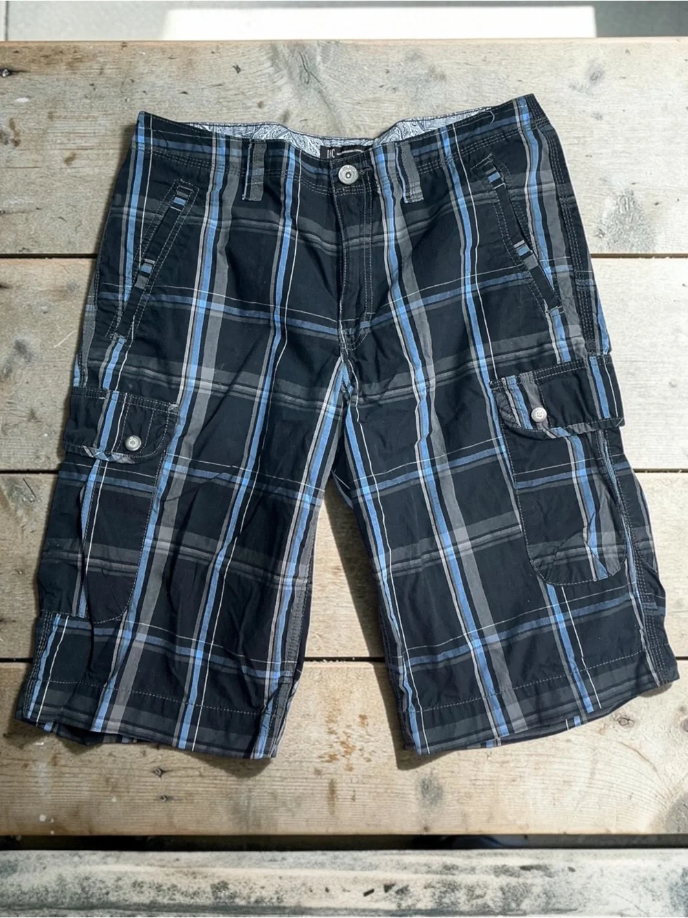INC International Concepts Black and Blue Plaid Cargo Shorts