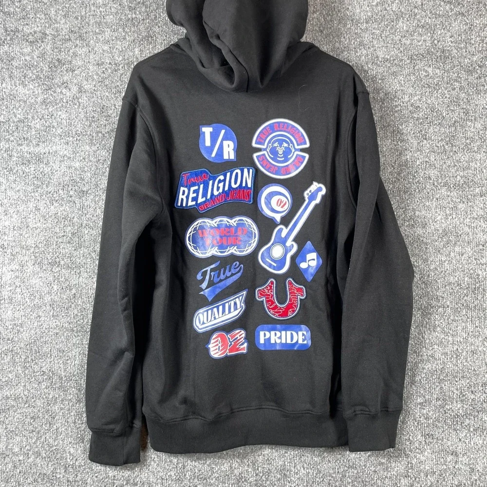 True Religion Hoodie Mens Medium Black Full Zip World Tour Rock‎ Back Hit Grunge
