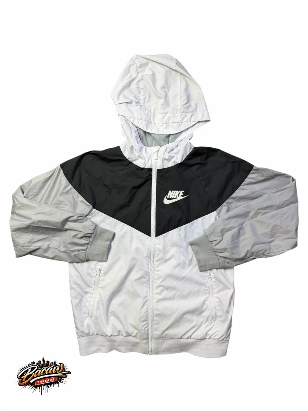 Nike Kids Medium white, gray & black Hooded Full-Zip Windbreaker Jacket