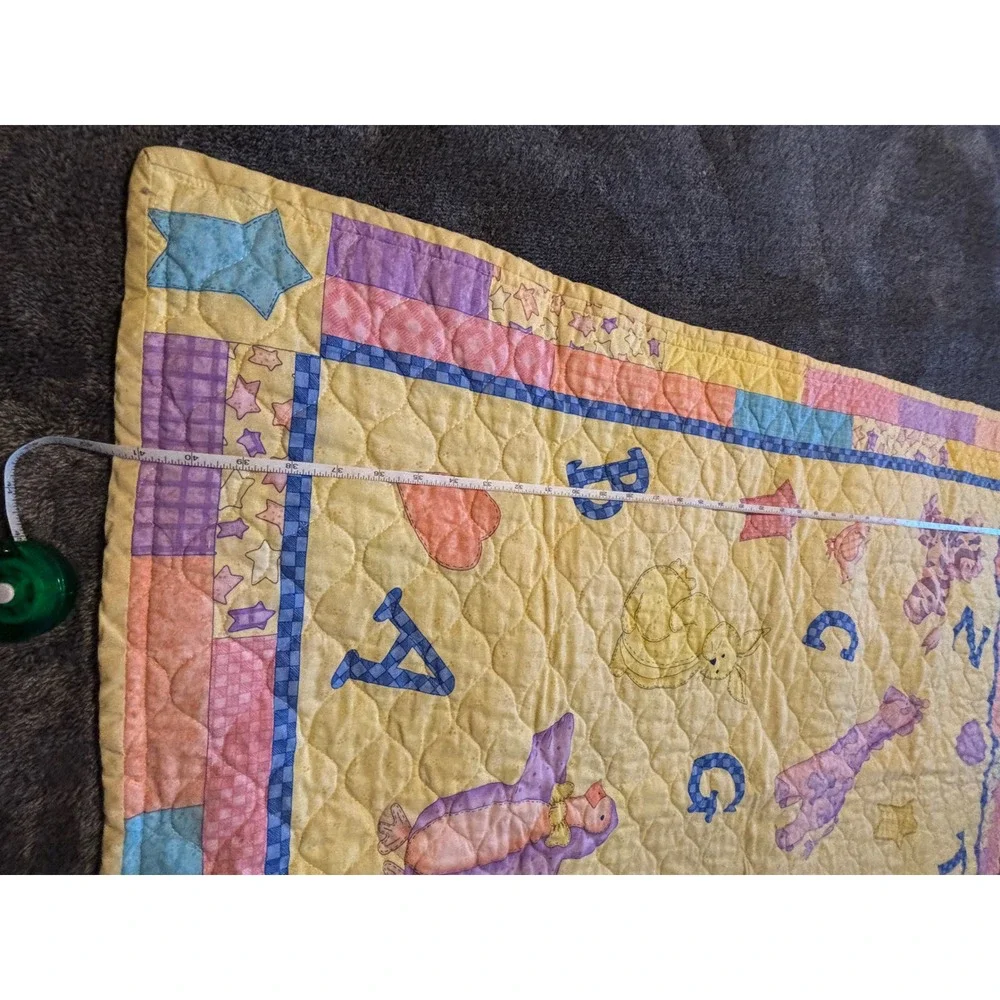 1990s  Baby Quilt Alphabet Animal Noahs Ark Nursery Blanket Yellow Pastel 34x41