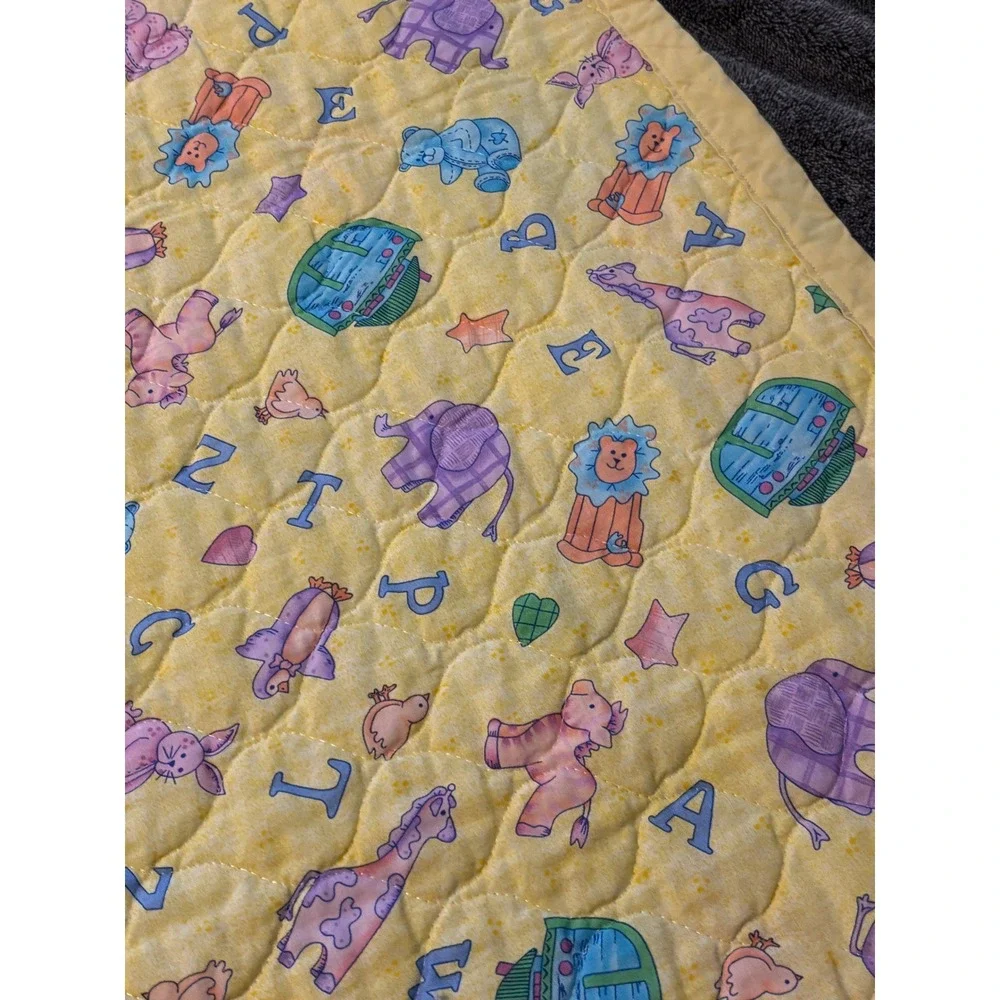1990s  Baby Quilt Alphabet Animal Noahs Ark Nursery Blanket Yellow Pastel 34x41