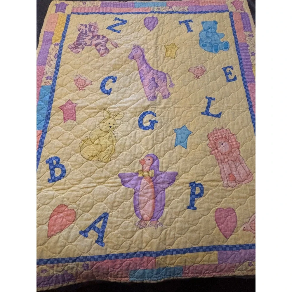 1990s  Baby Quilt Alphabet Animal Noahs Ark Nursery Blanket Yellow Pastel 34x41
