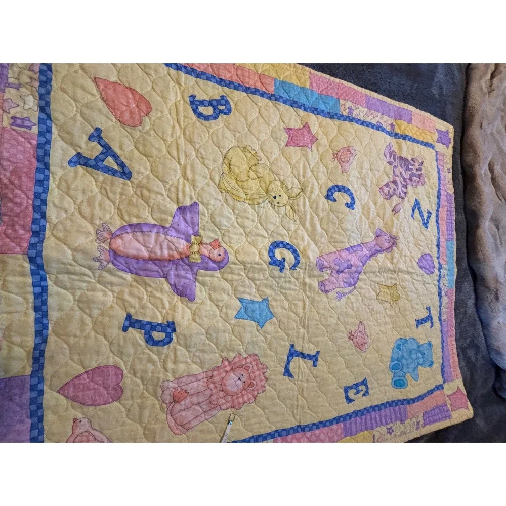 1990s  Baby Quilt Alphabet Animal Noahs Ark Nursery Blanket Yellow Pastel 34x41