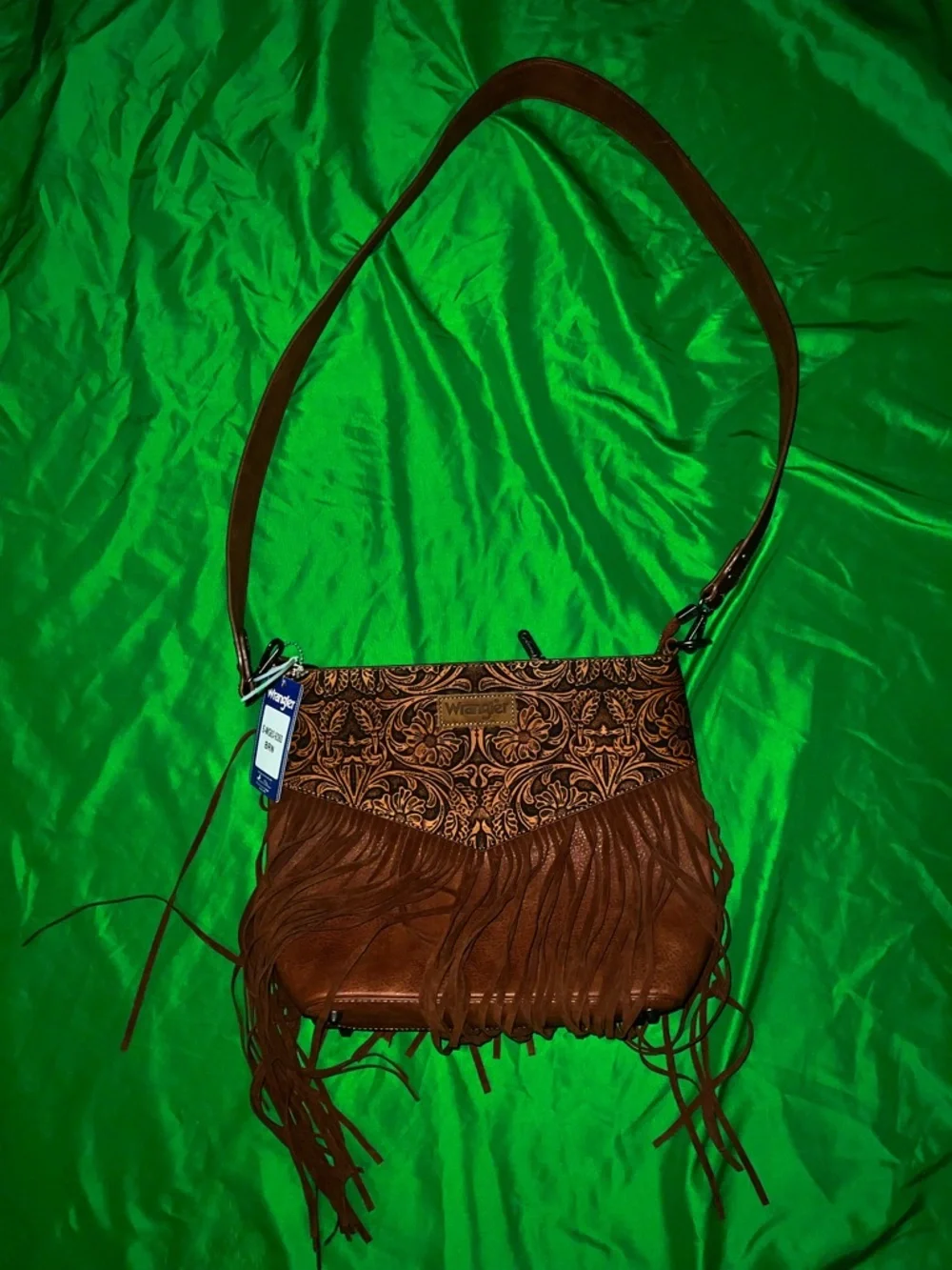 NWT Wrangler Brown Fringe Crossbody with Embossed Floral Panel Western Feel