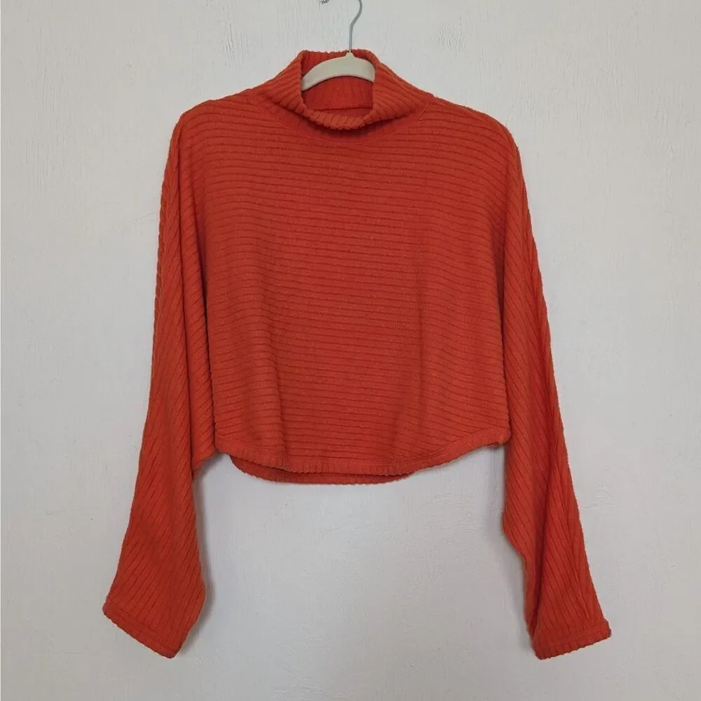 Pilcro Sweater Womens Small Orange Ribbed Turtleneck Dolman Sleeve Cropped
