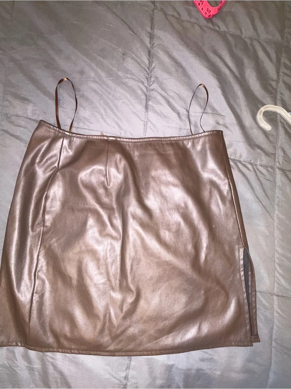 Motel Brown Faux Leather Mini Skirt Side Slit Size Large Y2K