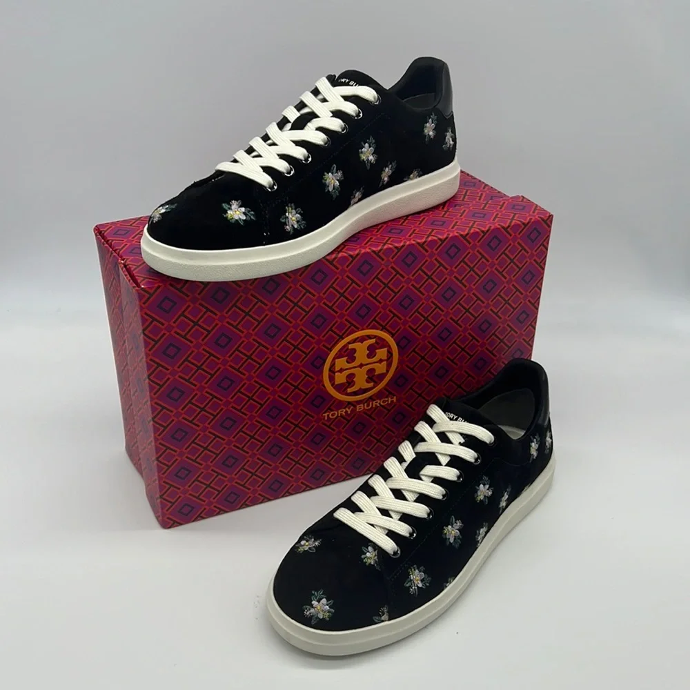 Tory Burch NWB HOWELL COURT SUEDE SNEAKER Color Daybreak Ditsy / Perfect Black