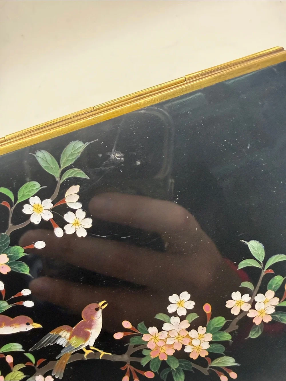 Vtg Japanese Black Lacquer Jewelry  Trinket Box Cherry Blossom Birds Gold Tone