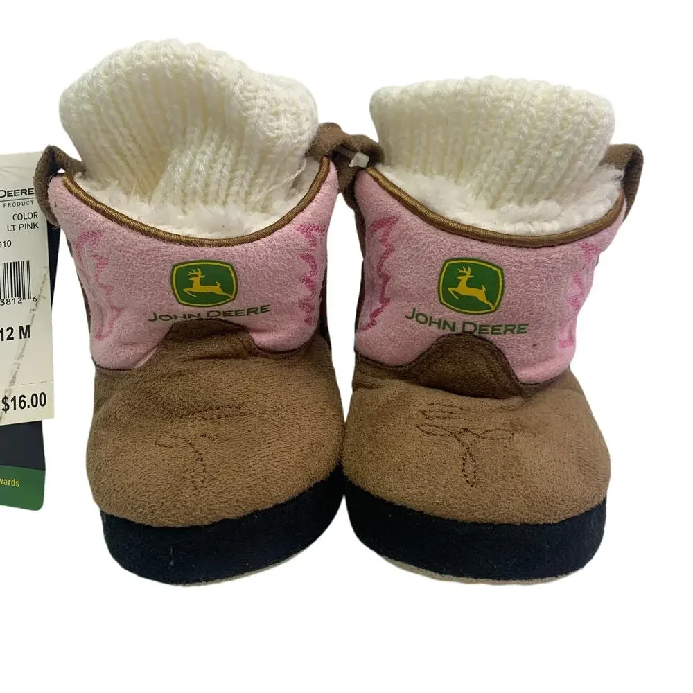 NWT John Deere Baby Girls Sz 6.5 Cowgirl Boot Slippers Pink Brown Sueded Booties
