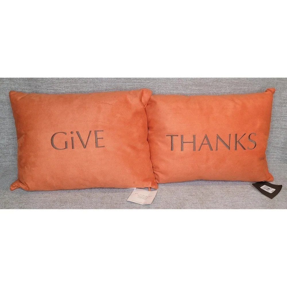 Pottery Barn GIVE THANKS Orange Lumbar Throw Pillows Fall Autumn 12x16 w TAGS