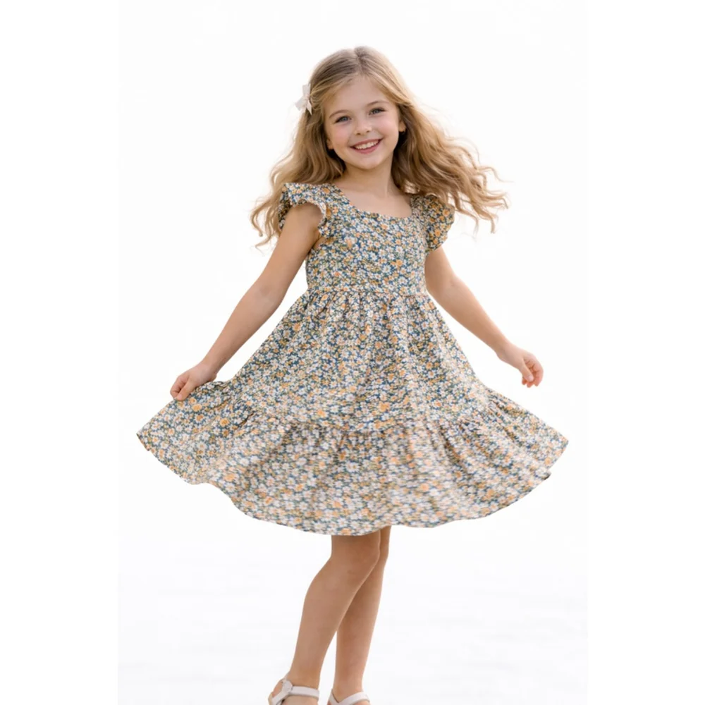 Hayden Girls Medium Blue Floral Easter Spring Photo Dress