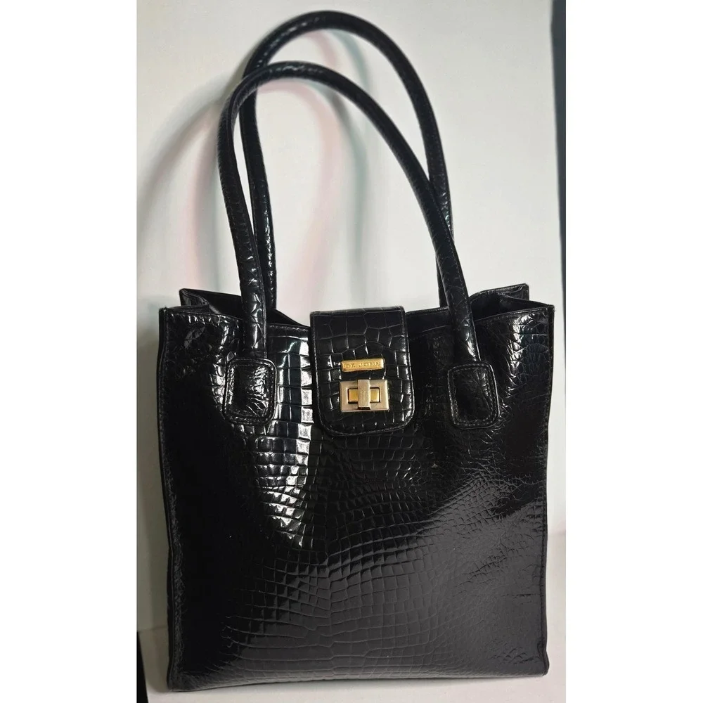 St. John Black Croc Embossed Patent Leather Tote Bag Gold Turn Lock Shoulder Bag