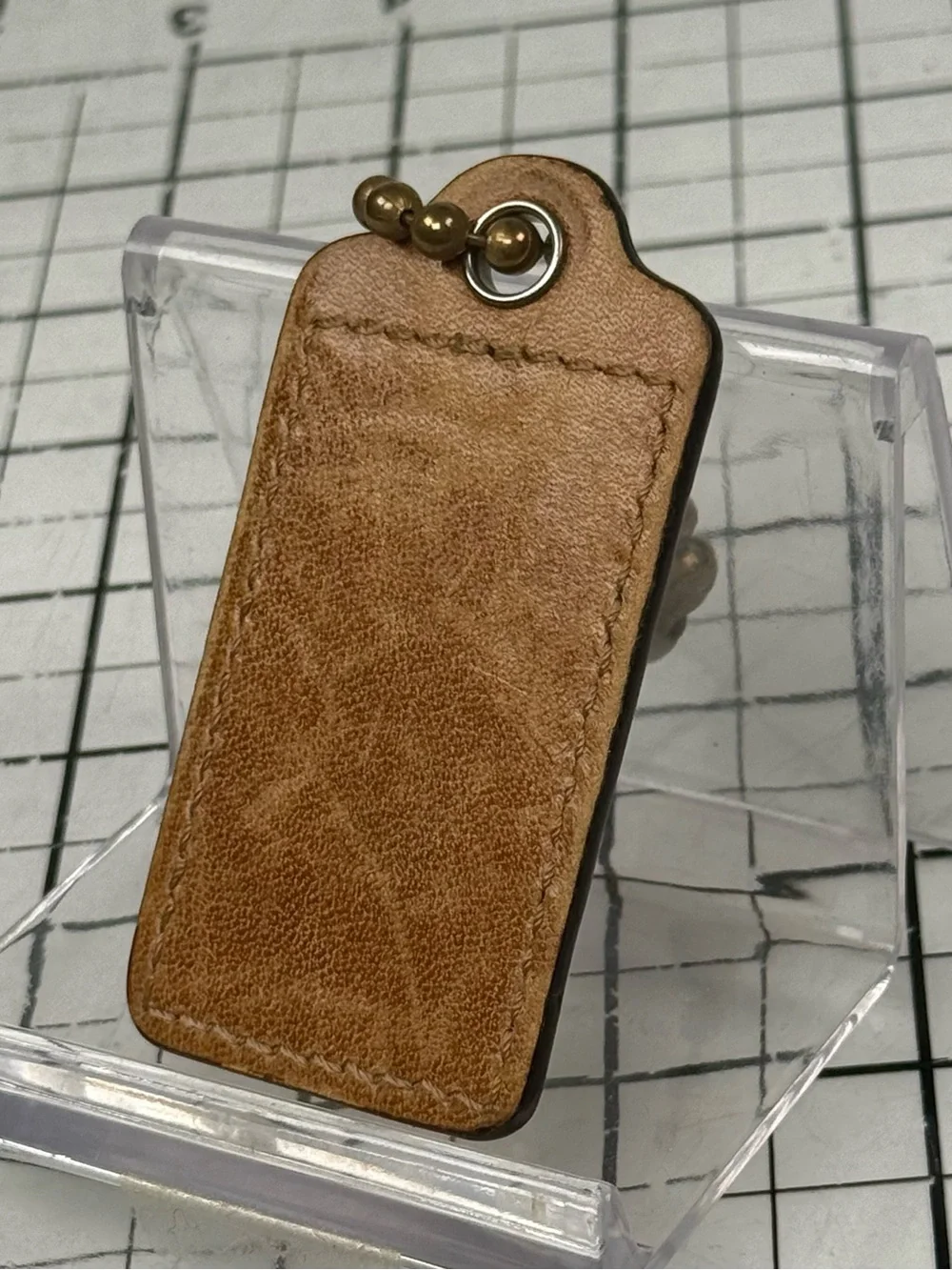 COACH Tan Leather Key Tag hang tag with Brass Ball Chain. Lg. 3 by 1.25 inches