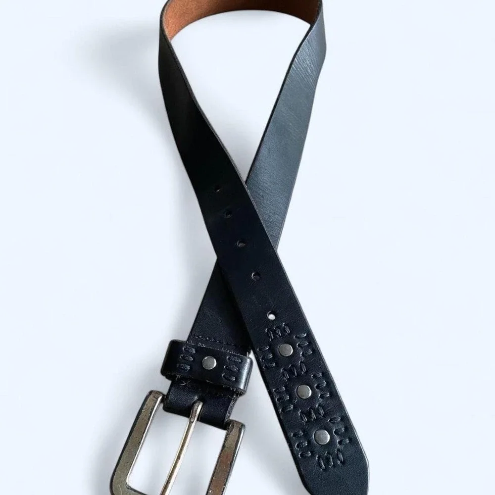 Black leather western embroidered belt with silver buckle