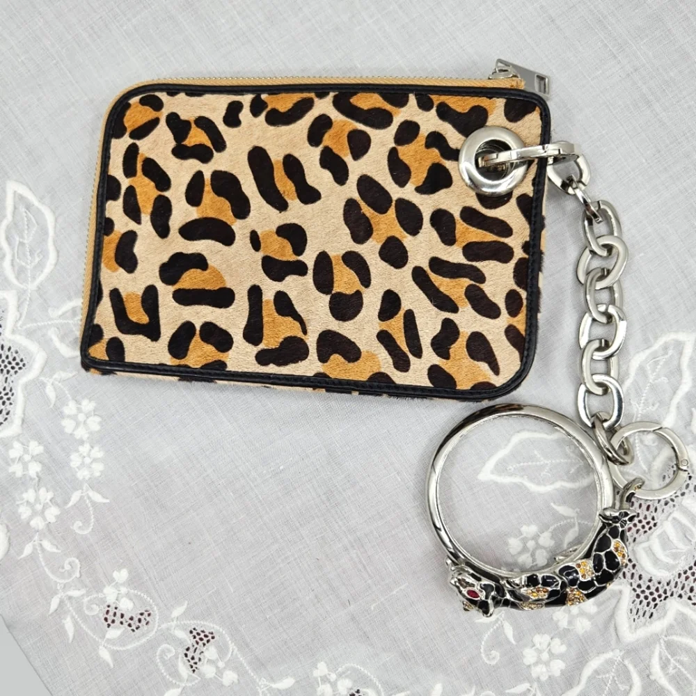 Leopard Print Cow Fur With Leopard‎ Rhinestone Bangle Zip Wristlet Tan & Black