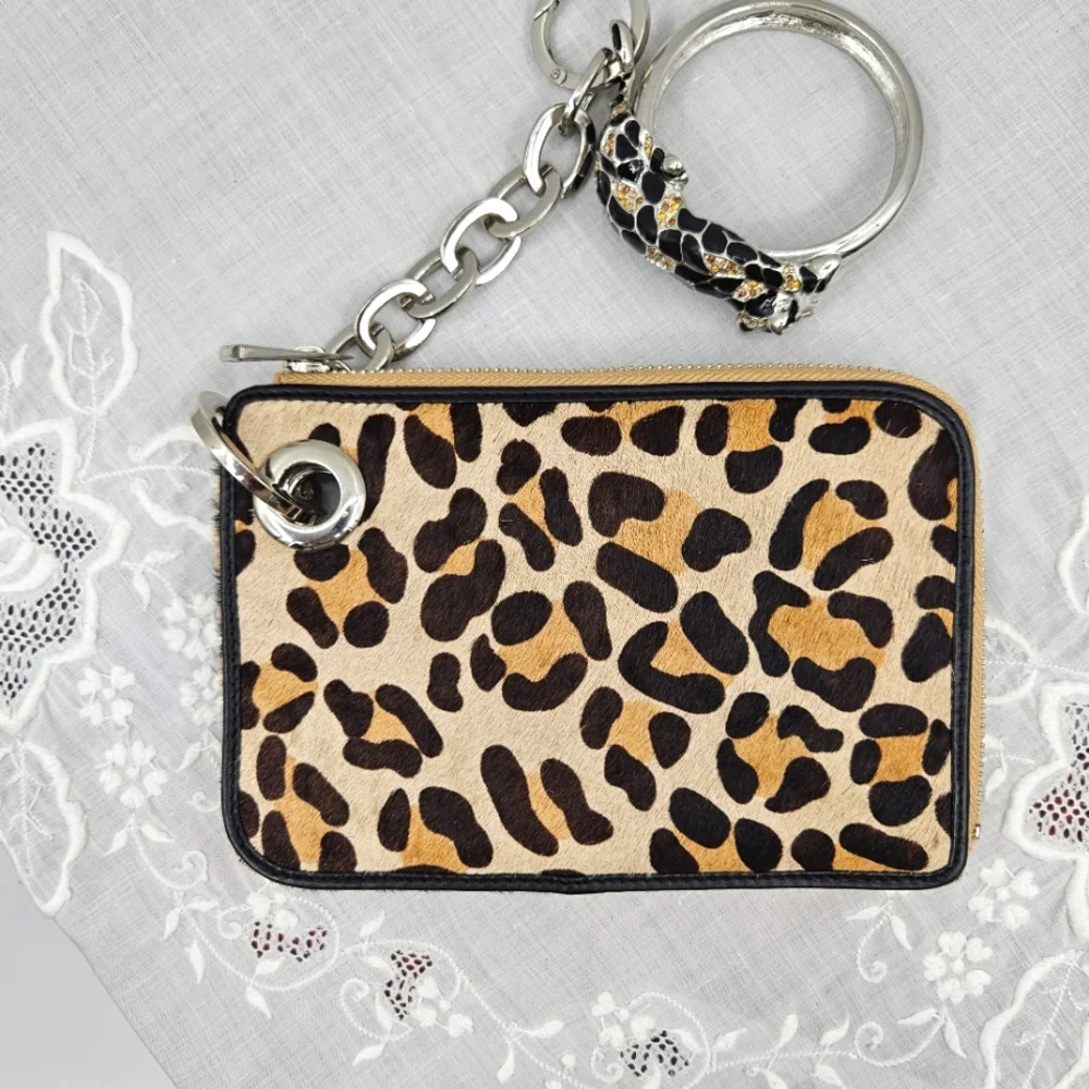 Leopard Print Cow Fur With Leopard‎ Rhinestone Bangle Zip Wristlet Tan & Black