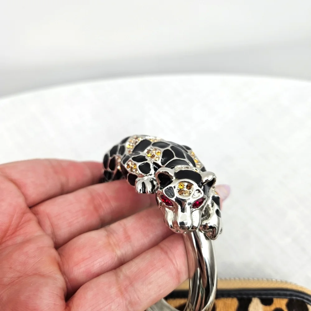 Leopard Print Cow Fur With Leopard‎ Rhinestone Bangle Zip Wristlet Tan & Black