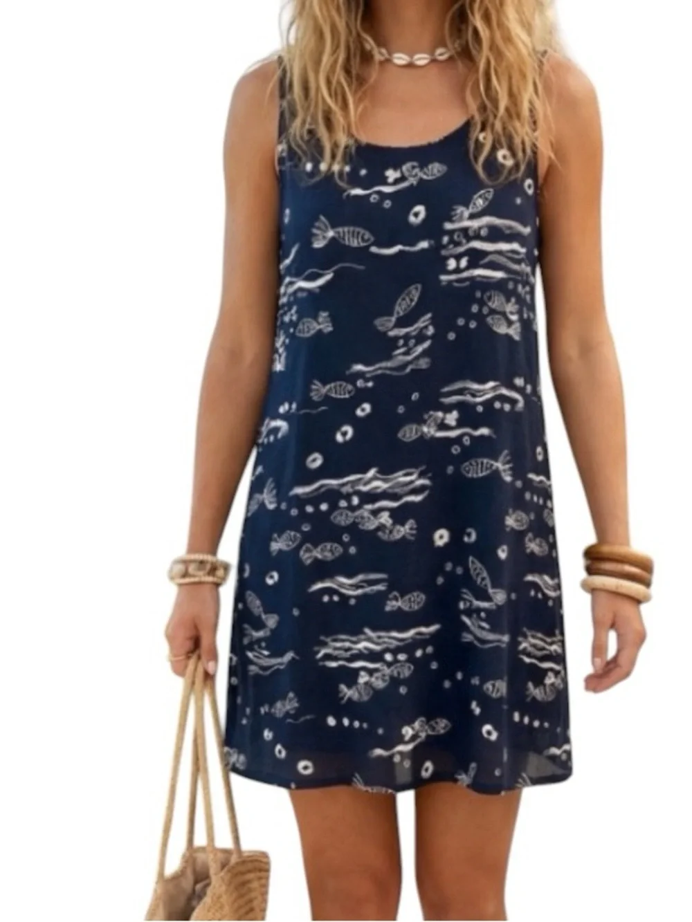 vintage 90s jennifer Moore black white Fish print tank dress vacation  coastal