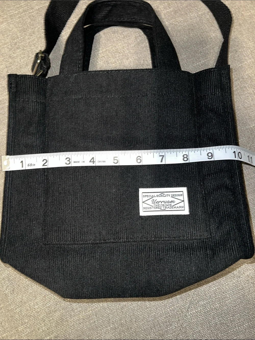 Black Corduroy Crossbody Tote Bag with Front Patch - Uerruam