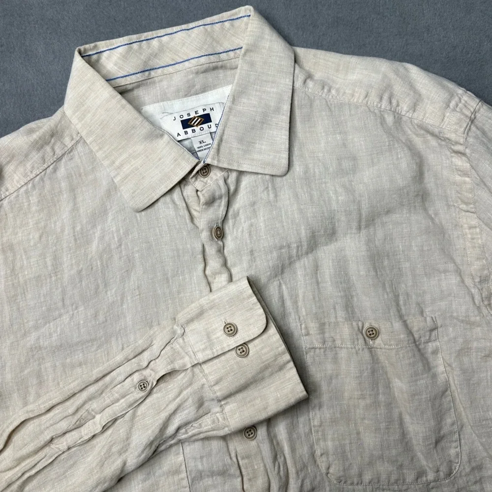 Joseph‎ Abboud Button Down Shirt Mens XL Beige 100% Linen Long Sleeve Pocket