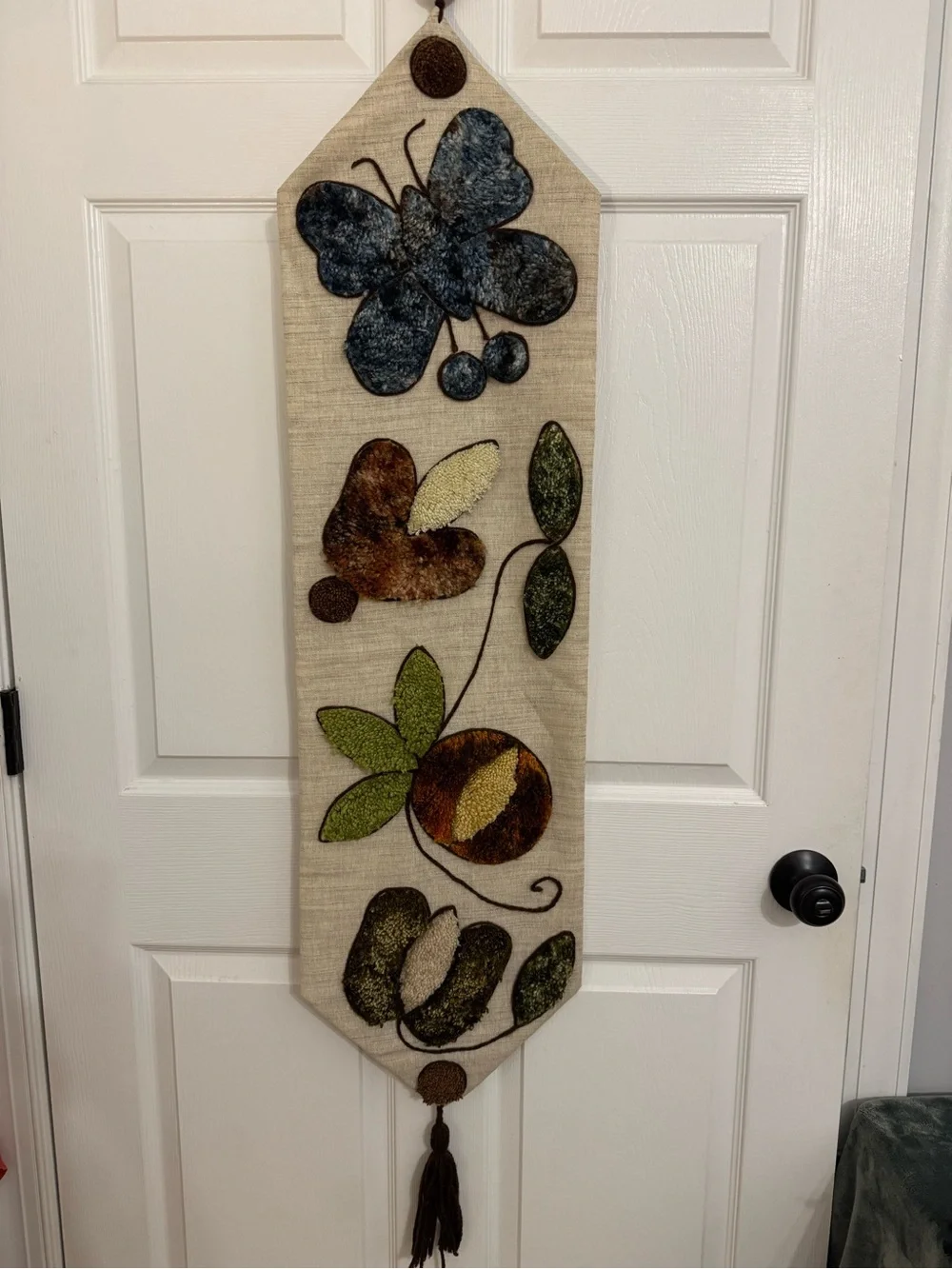 Textured Embroidered Butterfly & Botanical Wall Hanging - Earth Tones