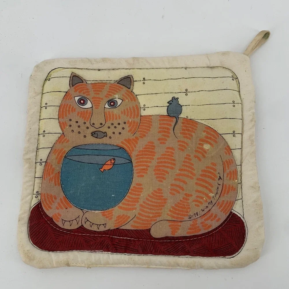 Vintage‎ 1981 Winng Taylor Fry Cat Print Pot Holder Folk Art Orange Tabby Mouse