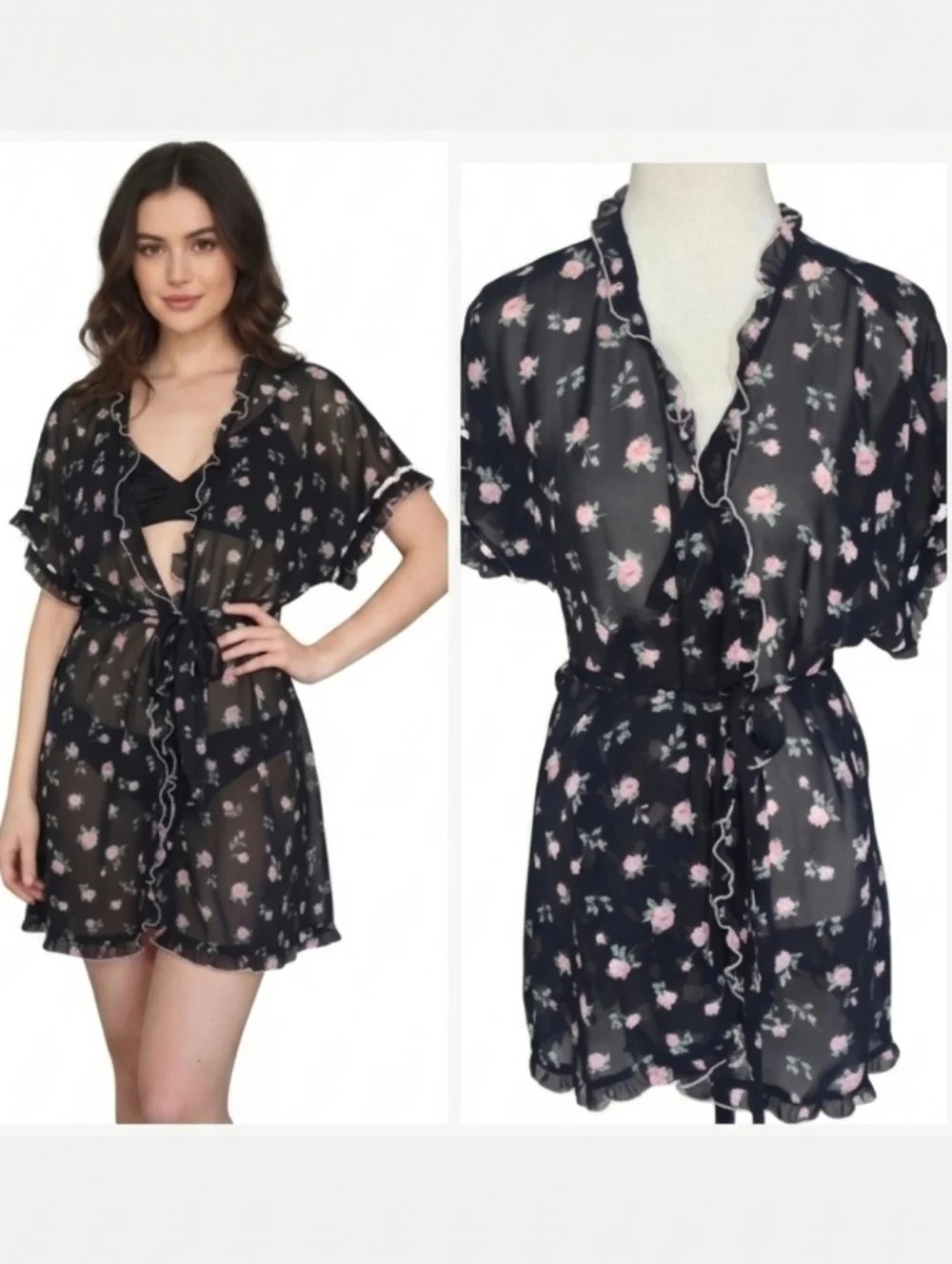 Floral Sheer Black Kimono Robe lightweight women's size large from In Bloom