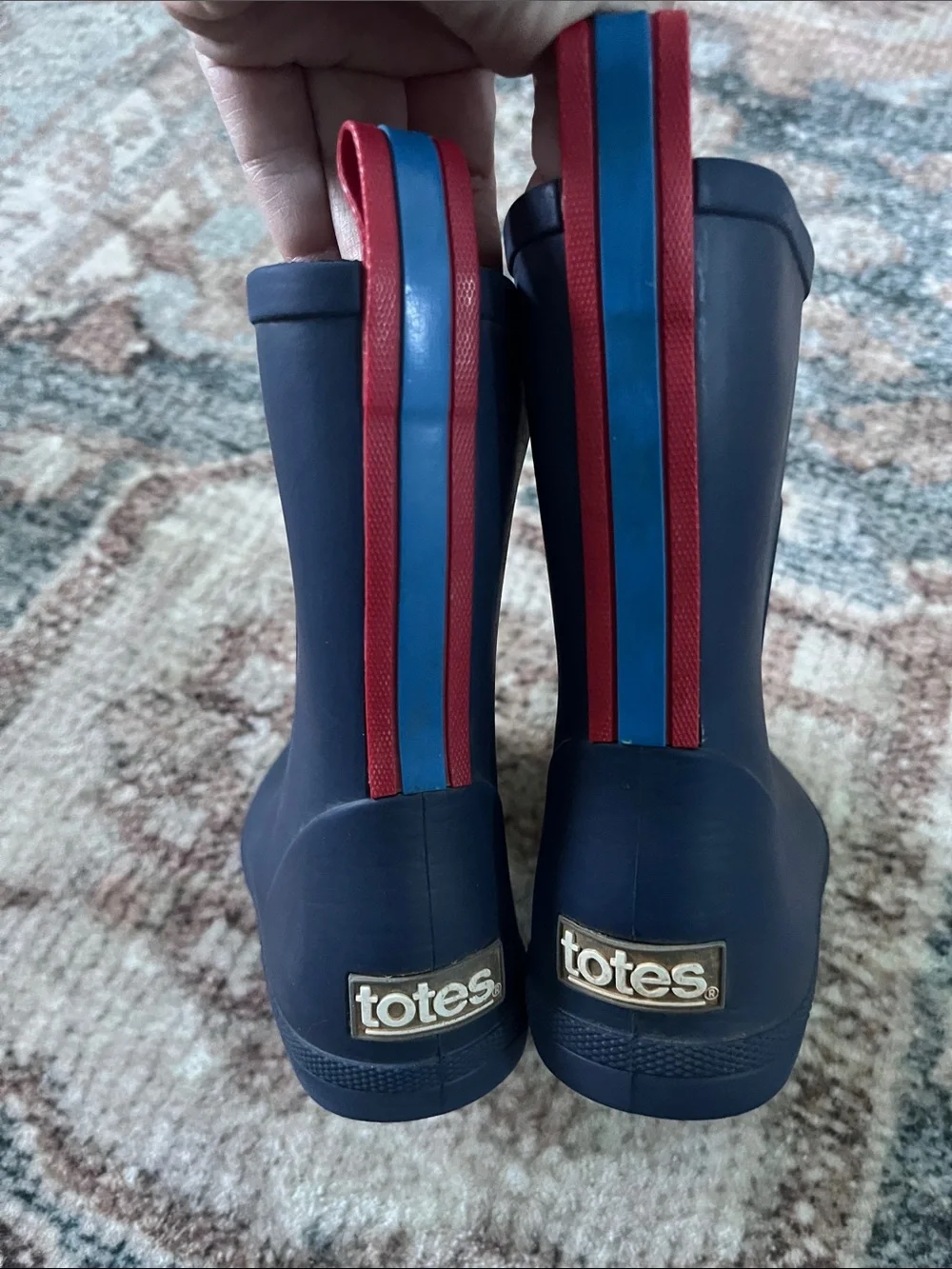 Totes Charley Talk Kids Navy Rain Boots with Red-Blue Pull Tabs