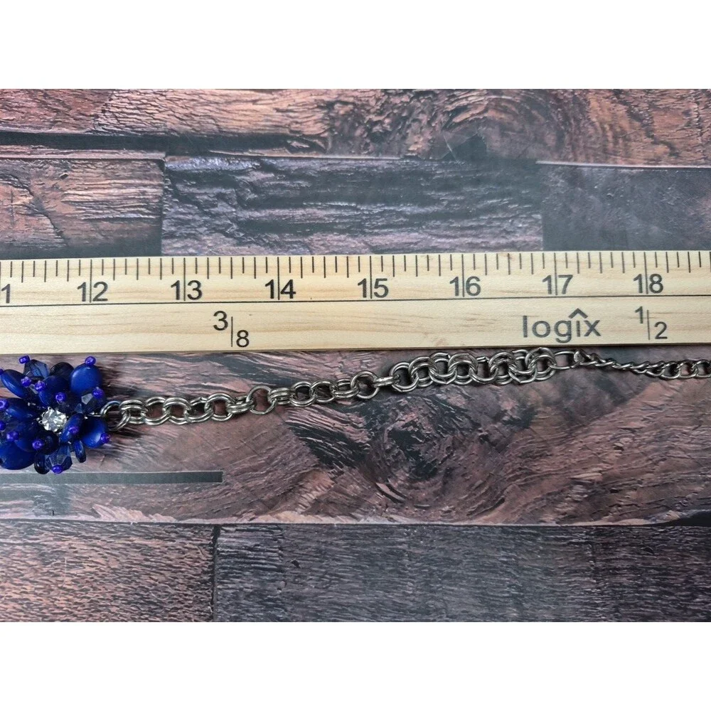 Vtg Lucite Flower Cluster Necklace Blue Crystal Silver Tone‎ 17–19