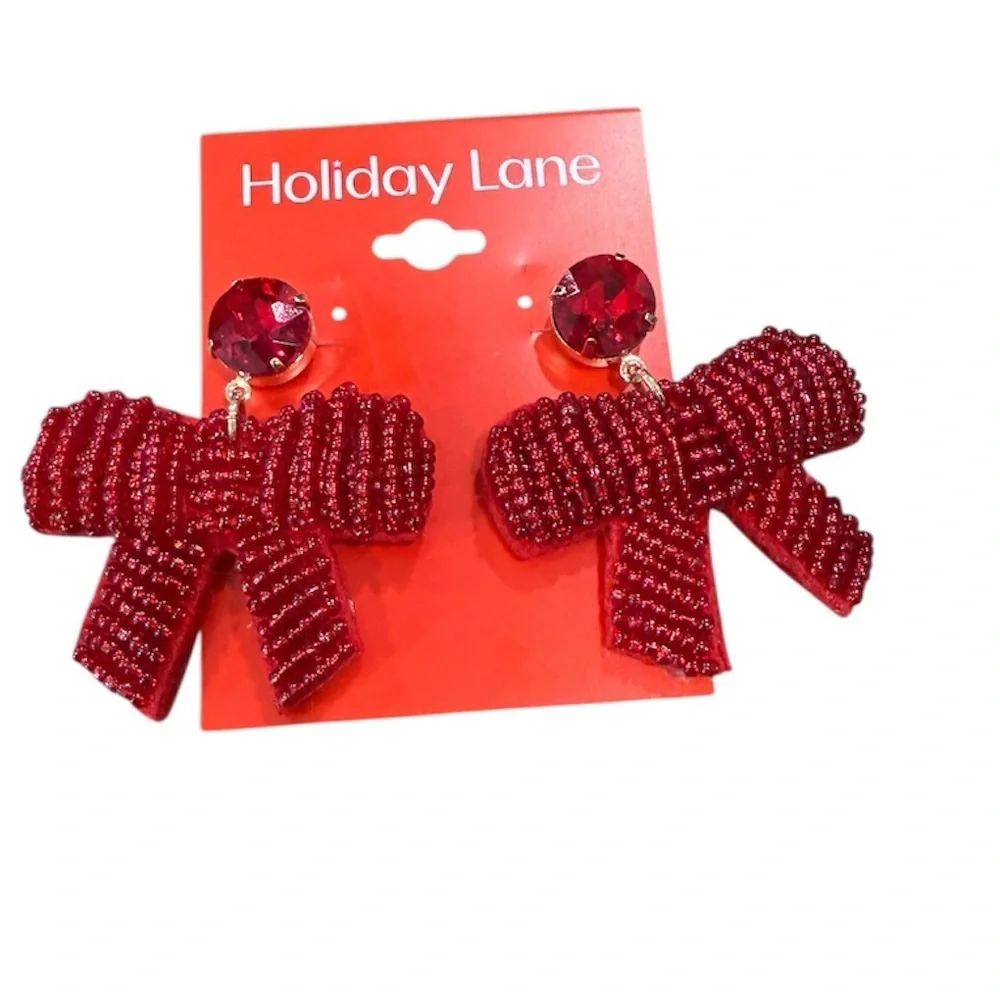 Holiday Lane Drop Earrings Beaded Bow Glass Bead Crystal Red 2 Inches NWT
