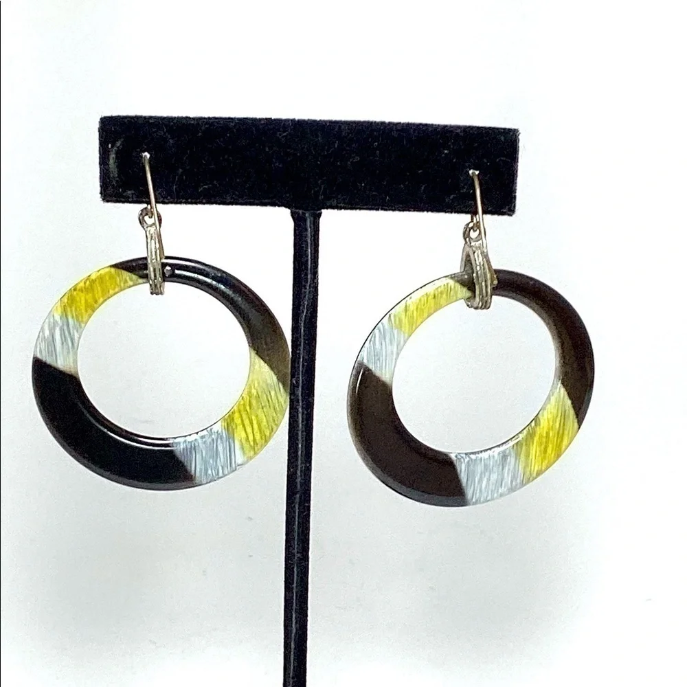 Acrylic Drop Hoop Earrings Silver Hook for Pierced Ears Black White Yellow
