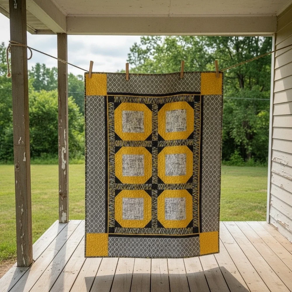 Handmade Modern Yellow Black Quilt Throw 52x54 Lap Size‎