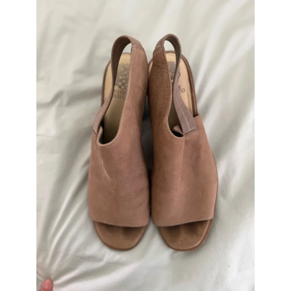 Vince Camuto Kaisley Taupe Leather Slingback Peep Toe Block Heel Sandals 11‎