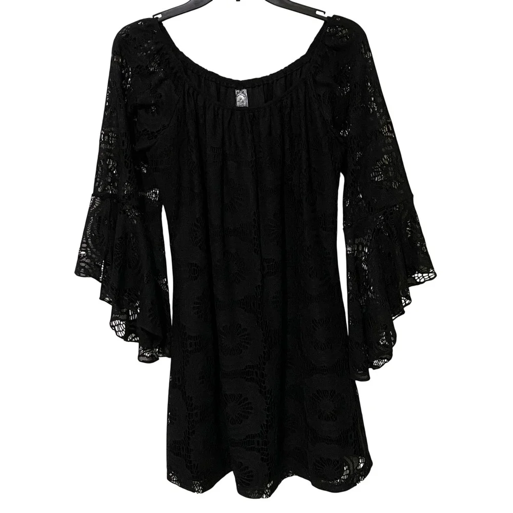Black‎ Lace Boho Gypsy Bell Sleeve Mini Dress L Dark Feminine Romantic Made USA