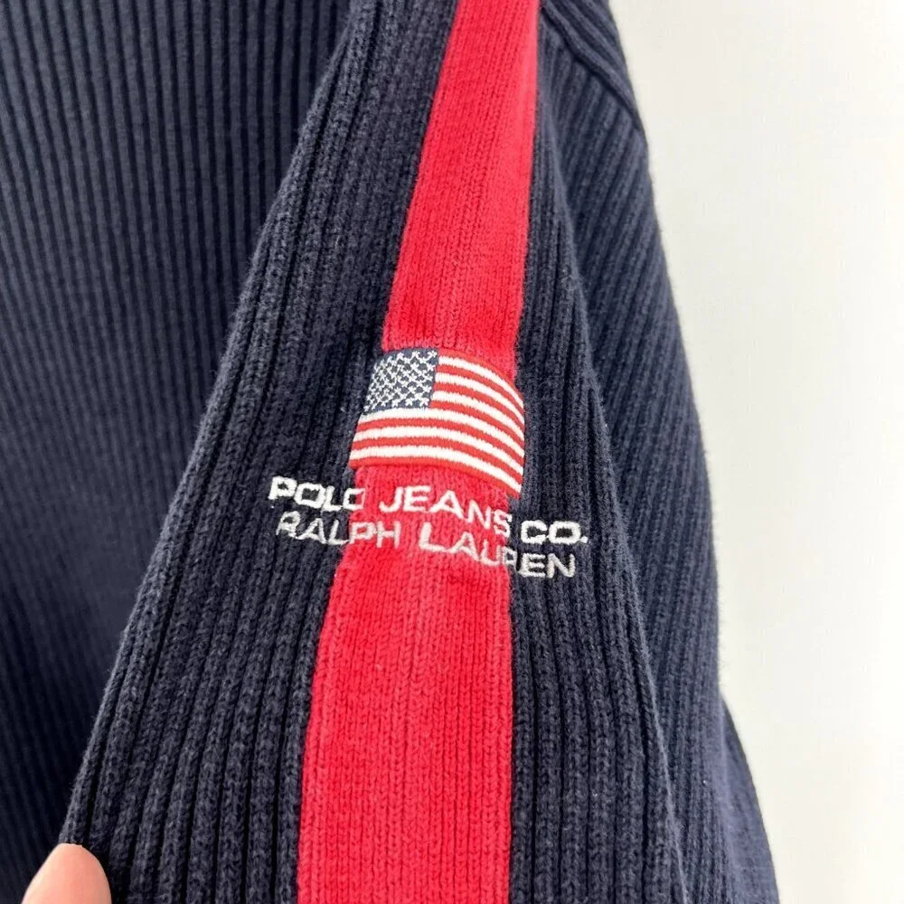 Vintage Polo Ralph Lauren Navy Ribbed Red Arm Stripe Sweater Mens Large