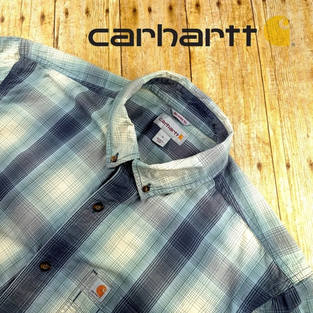 Carhartt Men's Blueish Green and White Checkered Shirt Large Short Sleeve