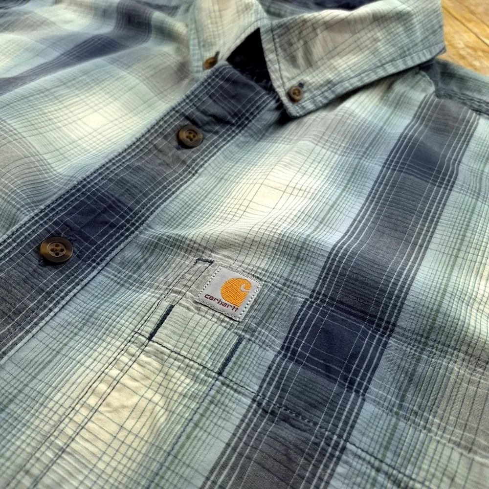 Carhartt Men's Blueish Green and White Checkered Shirt Large Short Sleeve