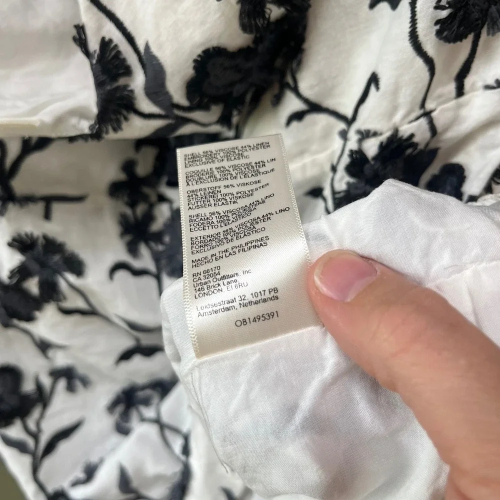 Anthropologie Black White Floral Embroidered Linen Puff Sleeve Top US 14