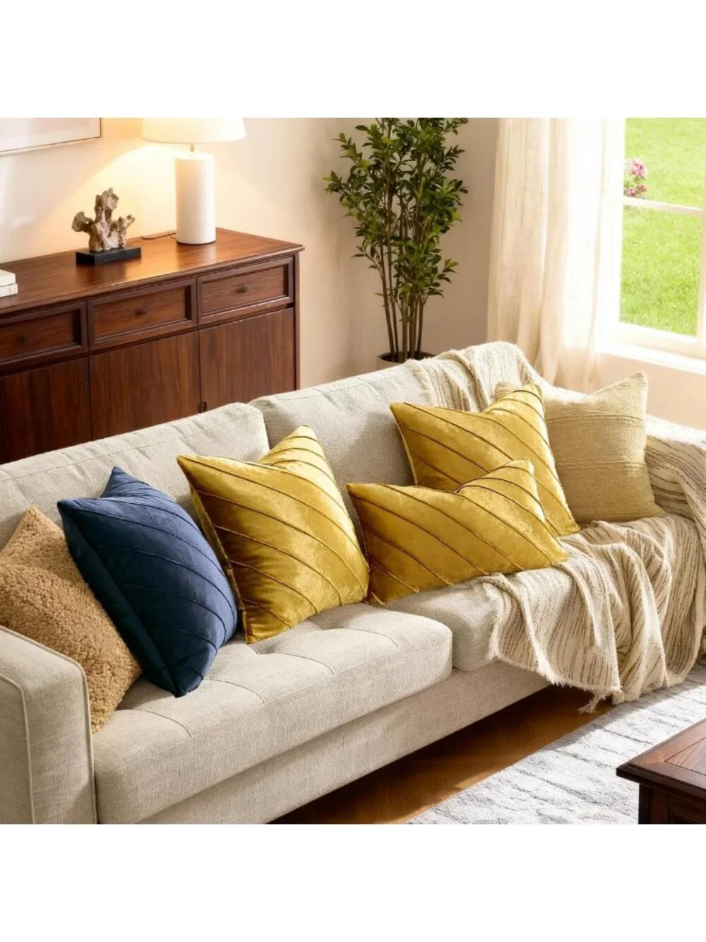 Decorative Velvet Pillow Covers Set of 2, 18x18 Gold Stripe Throw Pillows for