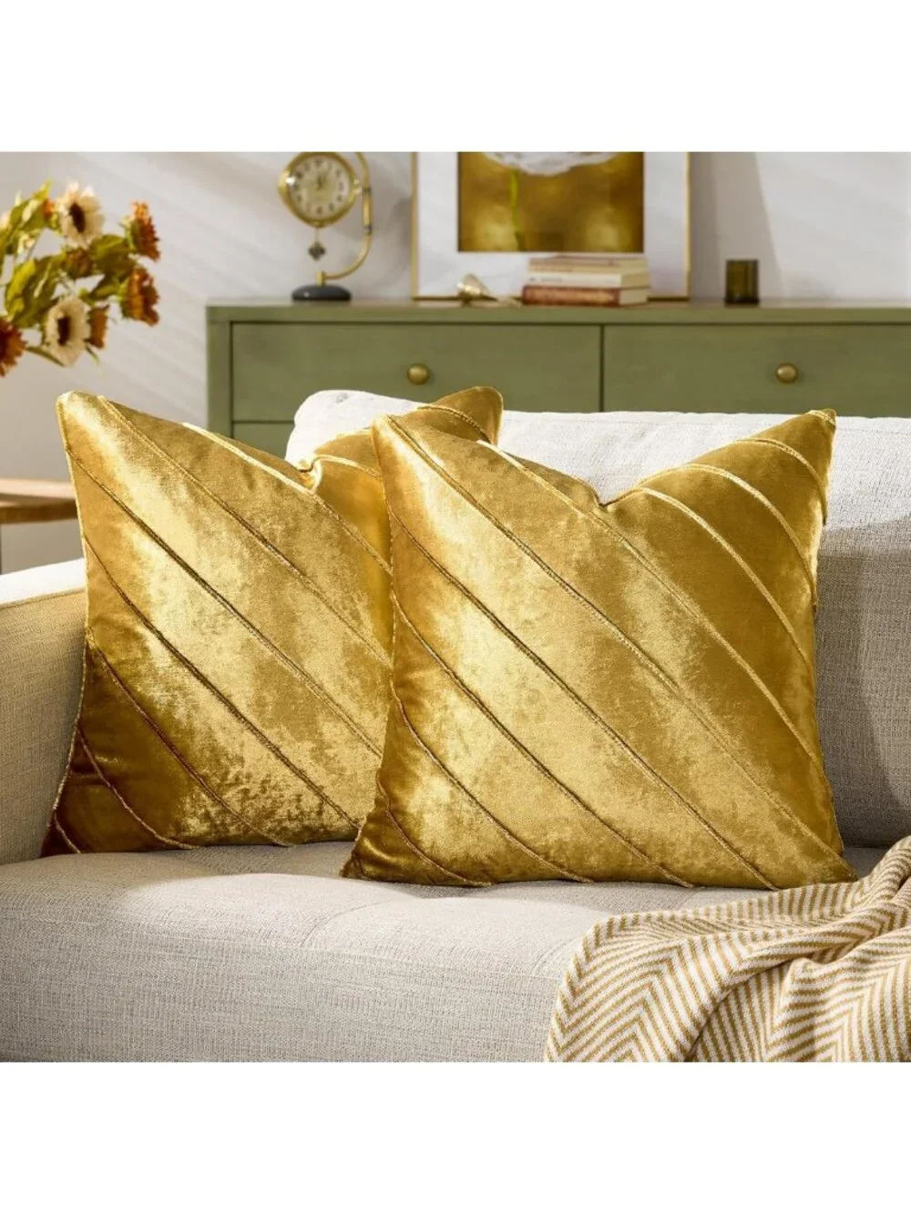 Decorative Velvet Pillow Covers Set of 2, 18x18 Gold Stripe Throw Pillows for