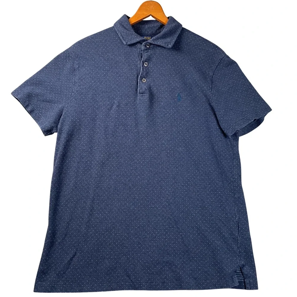 Polo Ralph Lauren Polo Shirt Mens Medium Blue‎ Custom Slim Fit Pindot